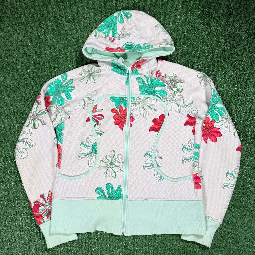Women’s Lululemon Scuba Hoodie Size 10 White Floral Print Full Zip